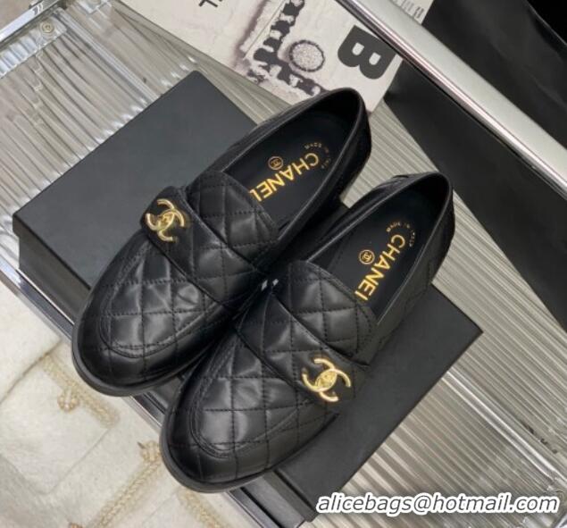 Good Quality Chanel Quilted Calfskin Loafers with CC Strap Black 328013