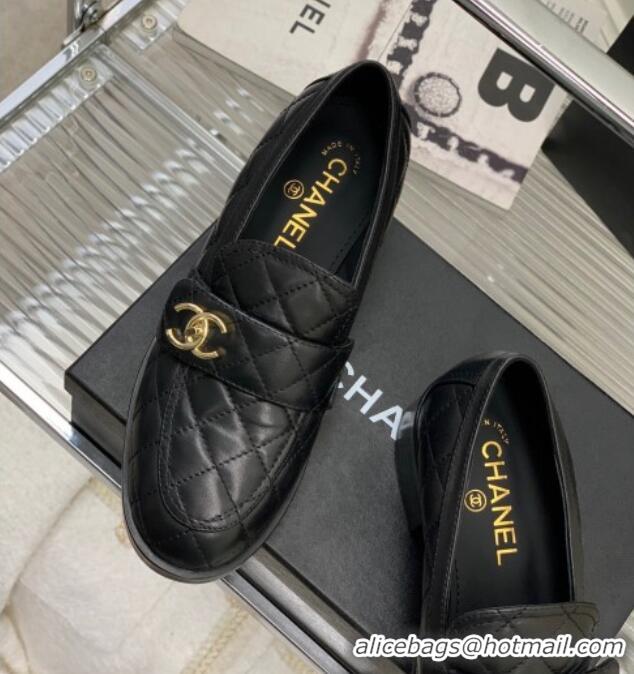 Good Quality Chanel Quilted Calfskin Loafers with CC Strap Black 328013