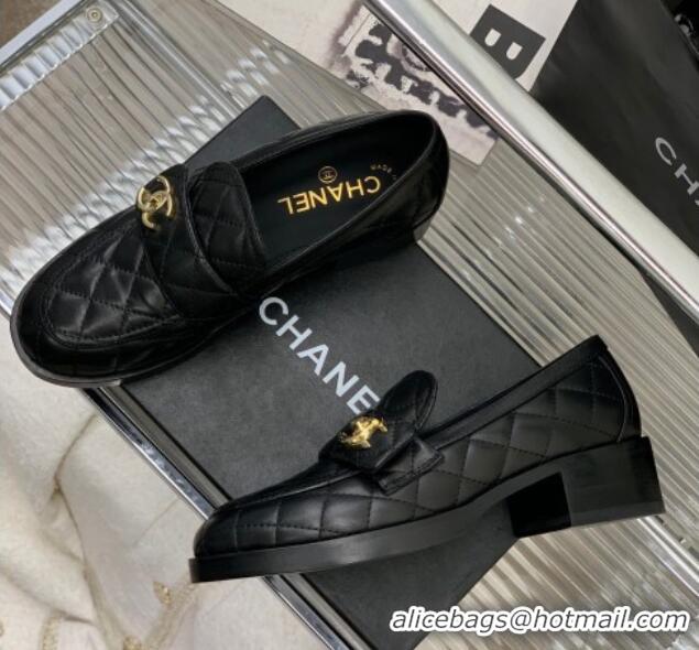 Good Quality Chanel Quilted Calfskin Loafers with CC Strap Black 328013