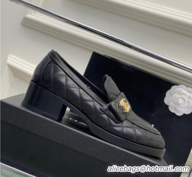 Good Quality Chanel Quilted Calfskin Loafers with CC Strap Black 328013