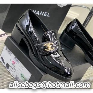 Shop Duplicate Chanel Patent Calfskin Loafers with CC Strap Black 328014