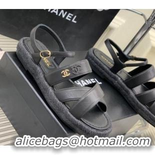 Classic Hot Chanel Lambskin Strap Flat Sandals Black 328016