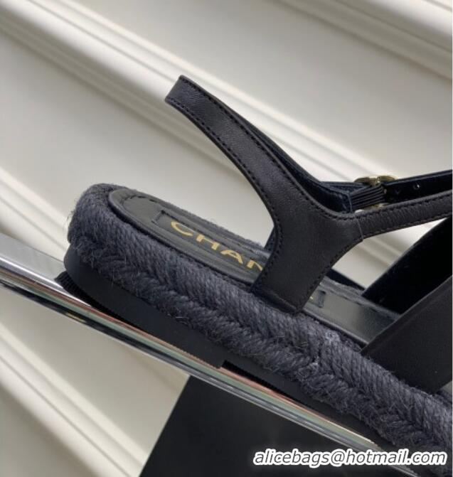 Classic Hot Chanel Lambskin Strap Flat Sandals Black 328016