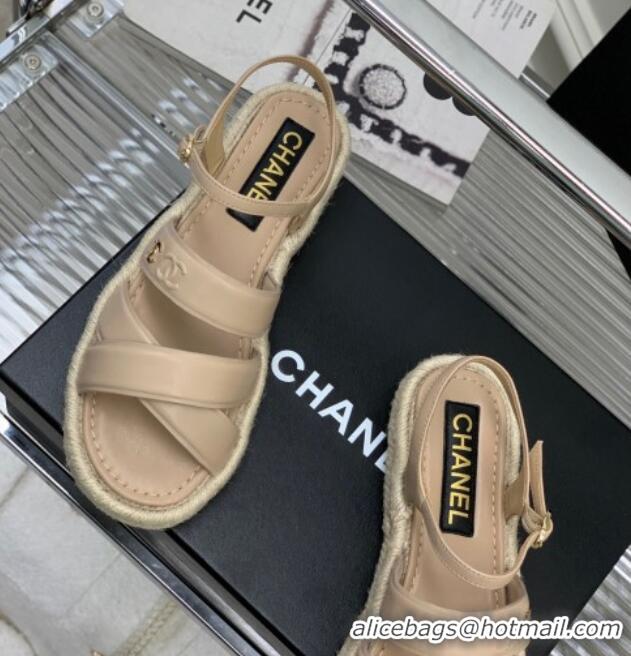 Stylish Chanel Lambskin Strap Flat Sandals Beige 328017