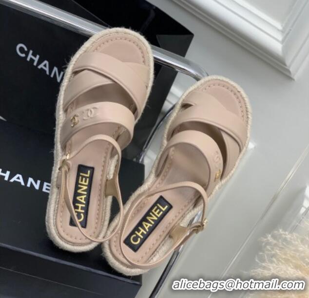 Stylish Chanel Lambskin Strap Flat Sandals Beige 328017