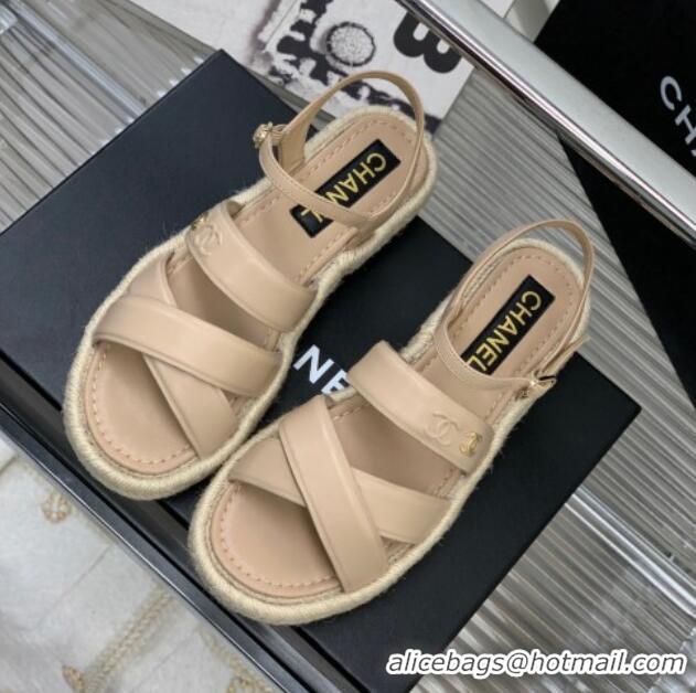 Stylish Chanel Lambskin Strap Flat Sandals Beige 328017