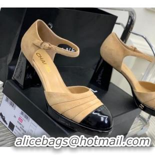 Good Quality Chanel Suede & Patent Leather Mary Janes Pumps 6cm Light Brown 328019