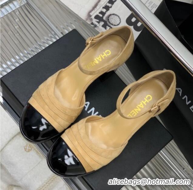 Good Quality Chanel Suede & Patent Leather Mary Janes Pumps 6cm Light Brown 328019