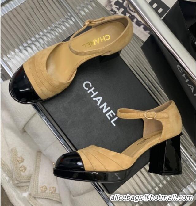 Good Quality Chanel Suede & Patent Leather Mary Janes Pumps 6cm Light Brown 328019