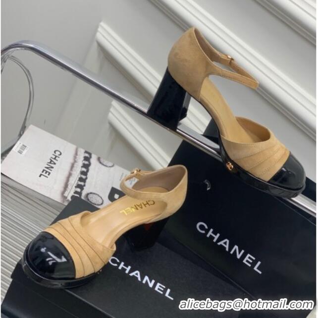 Good Quality Chanel Suede & Patent Leather Mary Janes Pumps 6cm Light Brown 328019