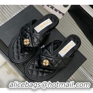 Stylish Chanel Quilted Calfskin Flat Slide Thong Sandals with Pearl Bloom Black 328021