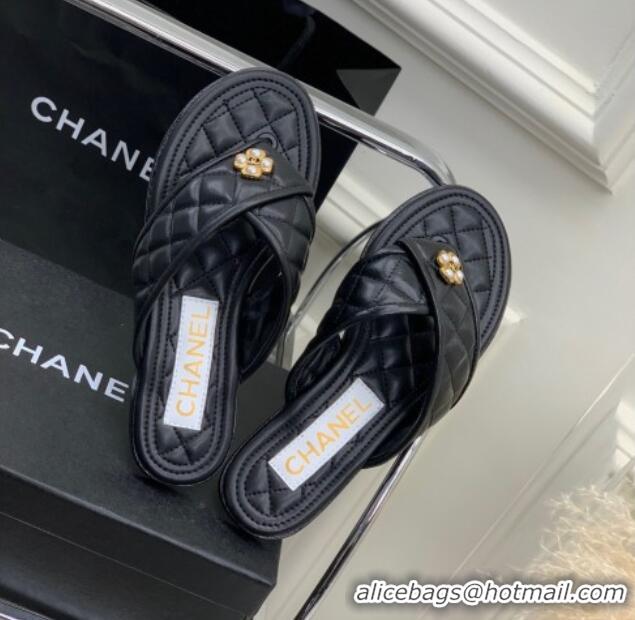 Stylish Chanel Quilted Calfskin Flat Slide Thong Sandals with Pearl Bloom Black 328021