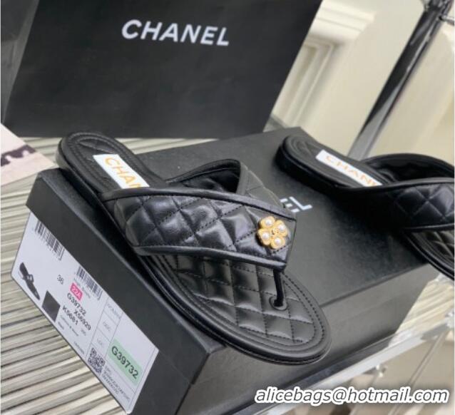 Stylish Chanel Quilted Calfskin Flat Slide Thong Sandals with Pearl Bloom Black 328021