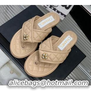 Good Looking Chanel Quilted Calfskin Flat Slide Thong Sandals with Pearl Bloom Beige 328022