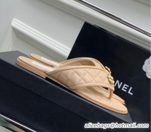 Good Looking Chanel Quilted Calfskin Flat Slide Thong Sandals with Pearl Bloom Beige 328022