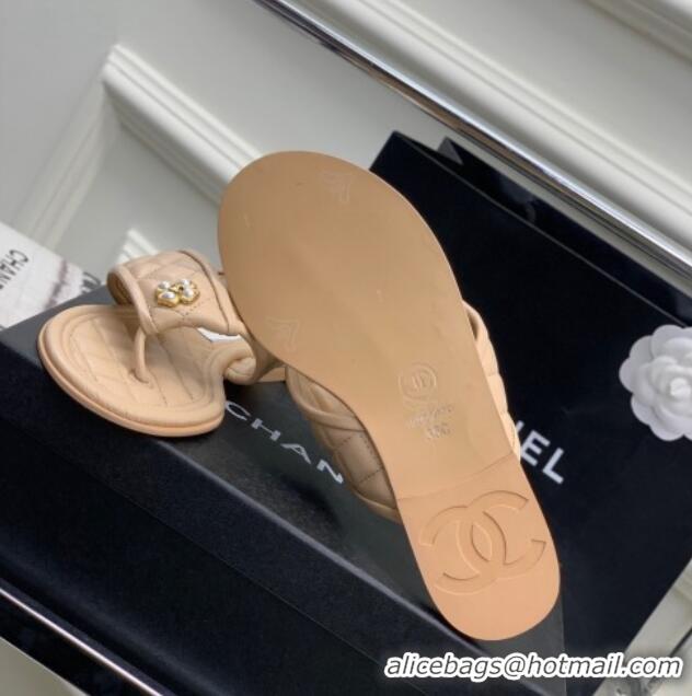 Good Looking Chanel Quilted Calfskin Flat Slide Thong Sandals with Pearl Bloom Beige 328022