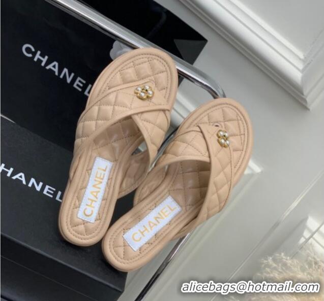 Good Looking Chanel Quilted Calfskin Flat Slide Thong Sandals with Pearl Bloom Beige 328022