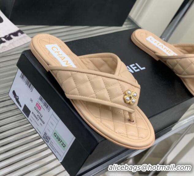 Good Looking Chanel Quilted Calfskin Flat Slide Thong Sandals with Pearl Bloom Beige 328022