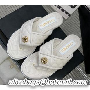 Unique Style Chanel Quilted Calfskin Flat Slide Thong Sandals with Pearl Bloom White 328023