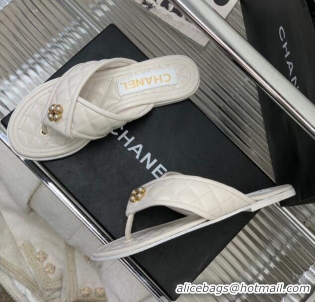 Unique Style Chanel Quilted Calfskin Flat Slide Thong Sandals with Pearl Bloom White 328023