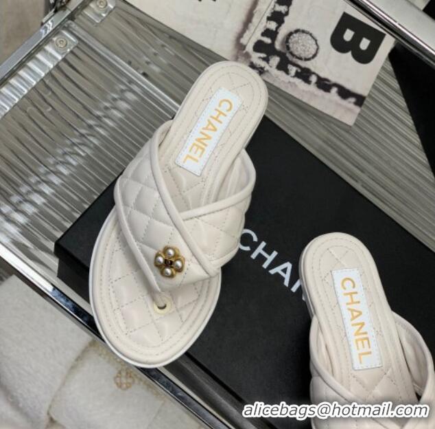 Unique Style Chanel Quilted Calfskin Flat Slide Thong Sandals with Pearl Bloom White 328023