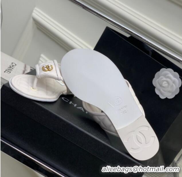 Unique Style Chanel Quilted Calfskin Flat Slide Thong Sandals with Pearl Bloom White 328023