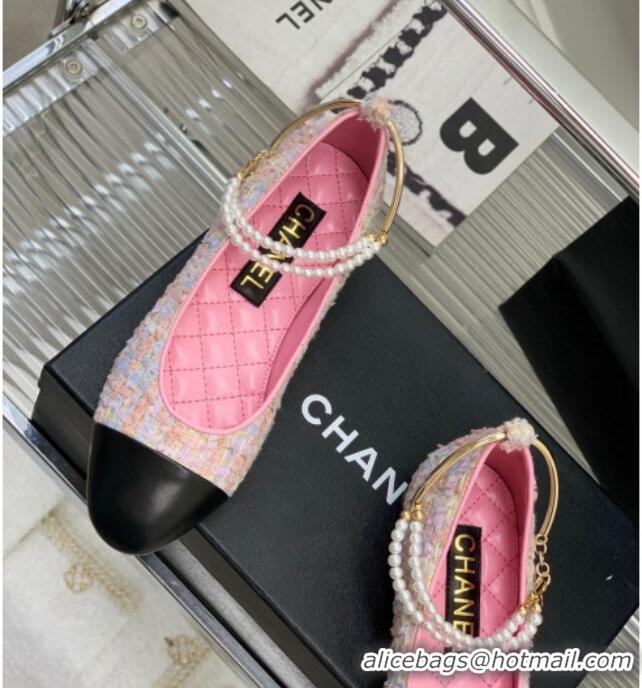 Sophisticated Chanel Tweed Ballerinas with Pearls G38986 Pink 328024