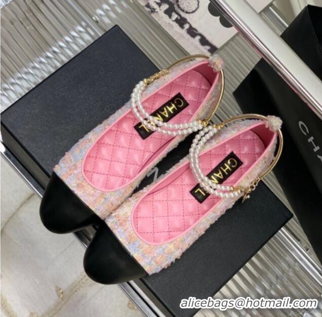 Sophisticated Chanel Tweed Ballerinas with Pearls G38986 Pink 328024