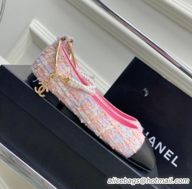 Sophisticated Chanel Tweed Ballerinas with Pearls G38986 Pink 328024