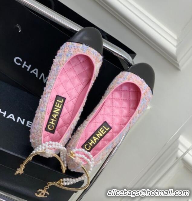 Sophisticated Chanel Tweed Ballerinas with Pearls G38986 Pink 328024