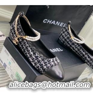 Perfect Chanel Tweed Ballerinas with Pearls G38986 Black/White 328025