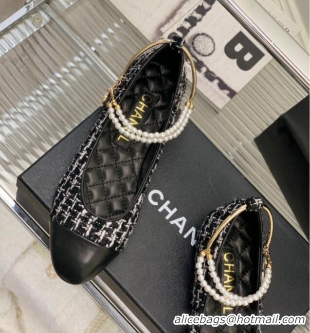 Perfect Chanel Tweed Ballerinas with Pearls G38986 Black/White 328025