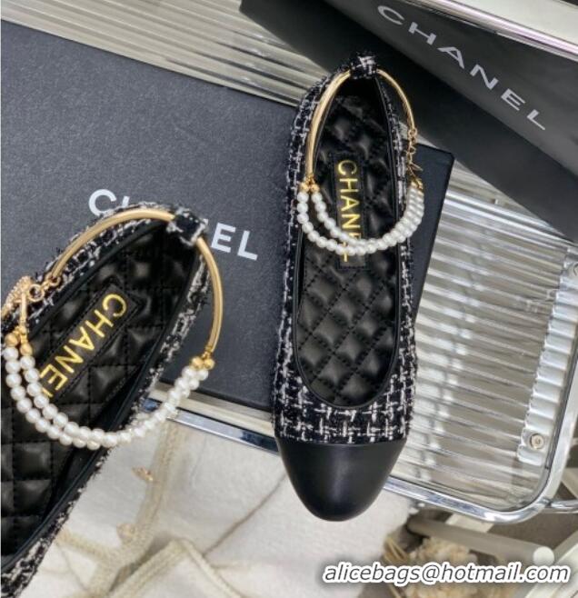 Perfect Chanel Tweed Ballerinas with Pearls G38986 Black/White 328025