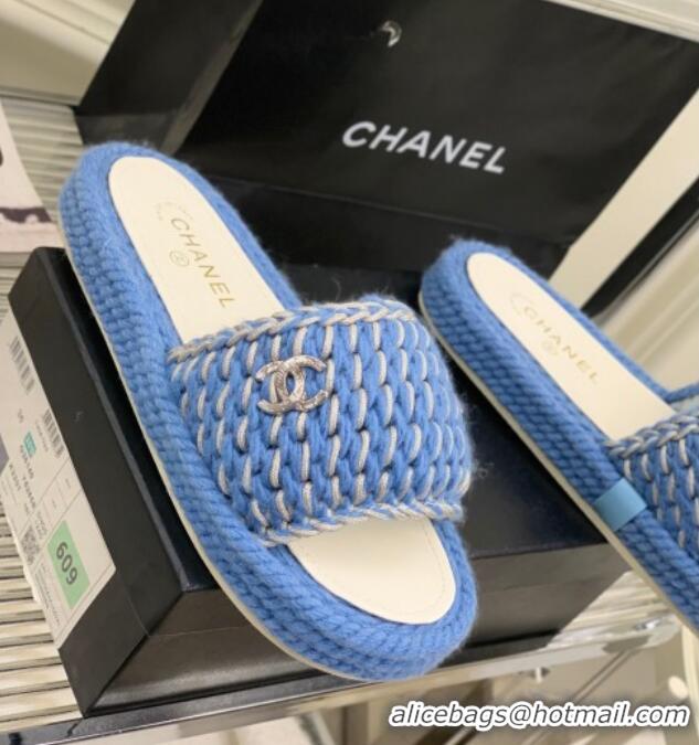 Best Grade Chanel Braided Knit Flat Slide Sandals G38189 Blue 328027