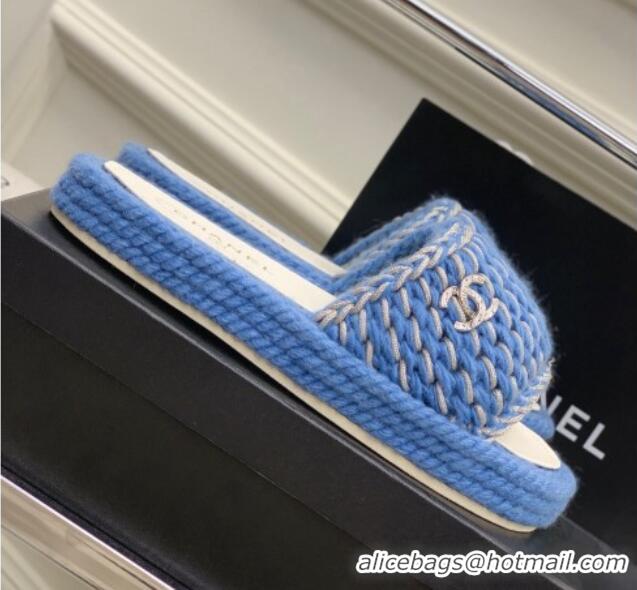 Best Grade Chanel Braided Knit Flat Slide Sandals G38189 Blue 328027