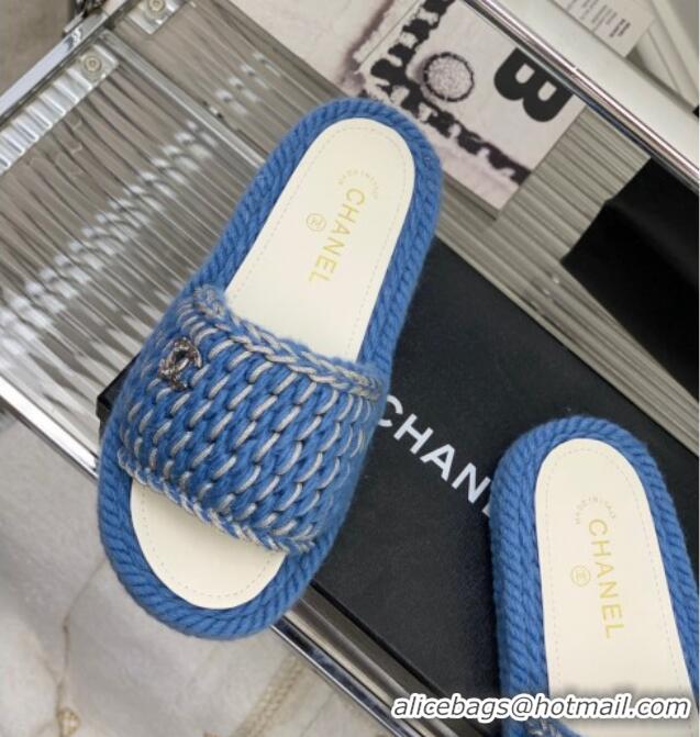 Best Grade Chanel Braided Knit Flat Slide Sandals G38189 Blue 328027