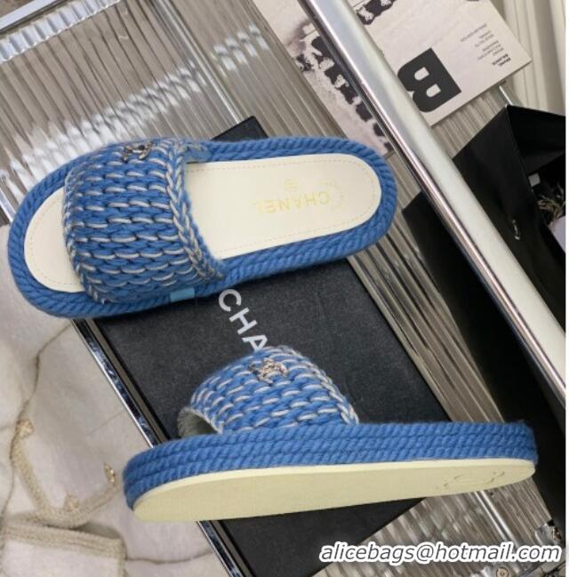 Best Grade Chanel Braided Knit Flat Slide Sandals G38189 Blue 328027