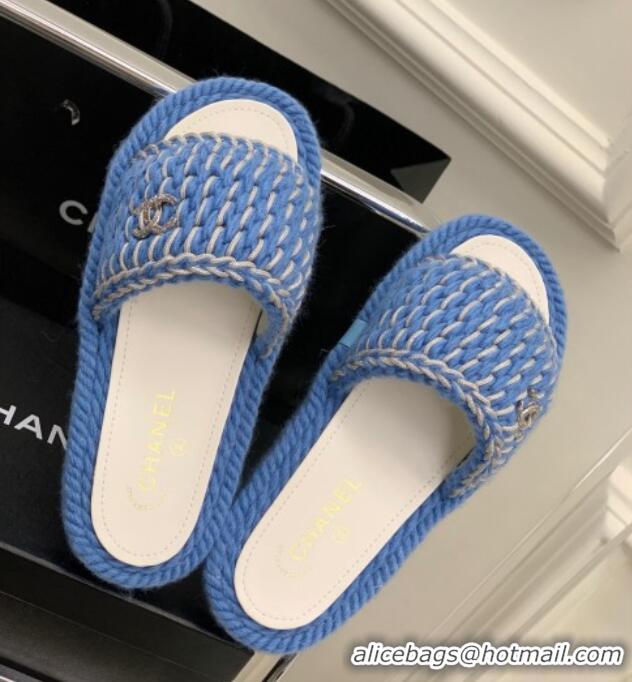 Best Grade Chanel Braided Knit Flat Slide Sandals G38189 Blue 328027