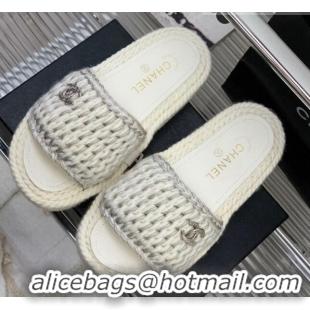 Best Price Chanel Braided Knit Flat Slide Sandals G38189 White 328028