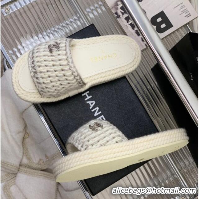 Best Price Chanel Braided Knit Flat Slide Sandals G38189 White 328028