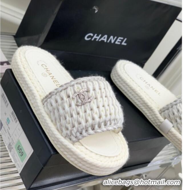 Best Price Chanel Braided Knit Flat Slide Sandals G38189 White 328028