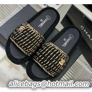 Sumptuous Chanel Braided Knit Flat Slide Sandals G38189 Black 328030