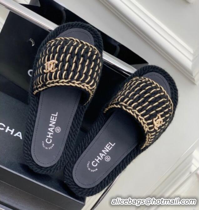 Sumptuous Chanel Braided Knit Flat Slide Sandals G38189 Black 328030