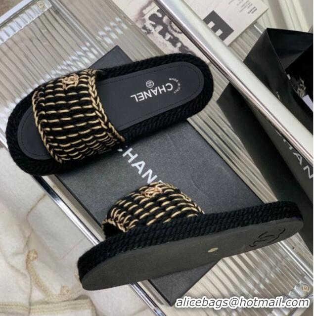 Sumptuous Chanel Braided Knit Flat Slide Sandals G38189 Black 328030