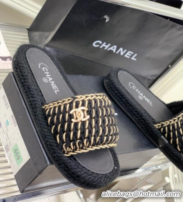 Sumptuous Chanel Braided Knit Flat Slide Sandals G38189 Black 328030