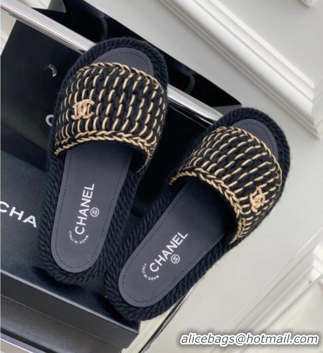 Sumptuous Chanel Braided Knit Flat Slide Sandals G38189 Black 328030