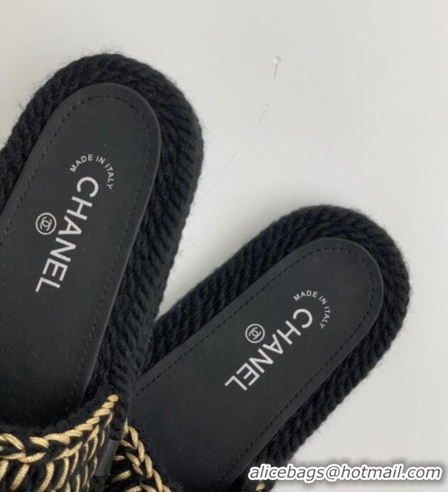 Sumptuous Chanel Braided Knit Flat Slide Sandals G38189 Black 328030