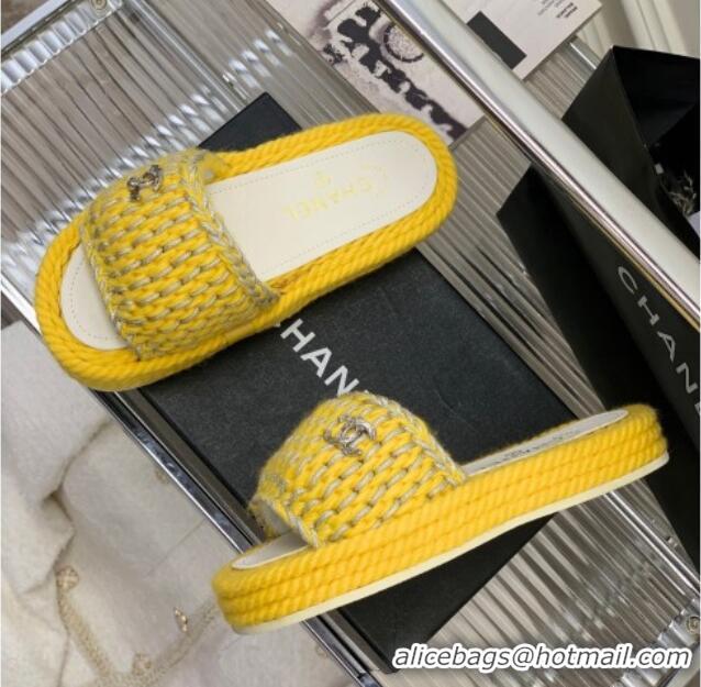 Luxury Chanel Braided Knit Flat Slide Sandals G38189 Yellow 328031