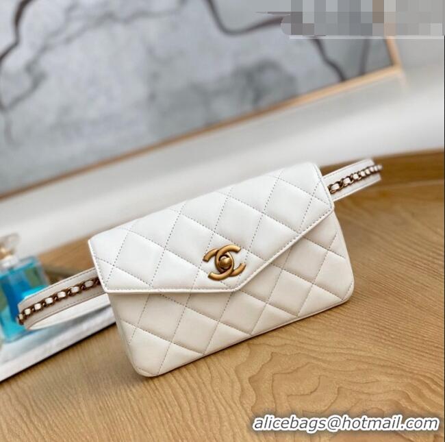 Famous Brand Chanel Quilted Lambskin Mini Belt Bag with Chain 99009 White 2023