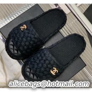 Duplicate Chanel Braided Flat Slide Sandals G38189 Black 328033